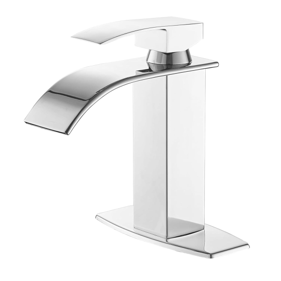 Polished chrome material waterfall-style washbasin with square faucet